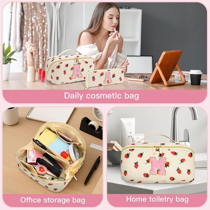 Personalized Travel Makeup Bag Set,Initial Travel Strawberry Makeup Organizer Bag,Toiletry Skincare Cosmetic Bag,Christmas Gifts for Women/Girls,Open Flat Toiletry Pouch with Brush Pocket-H