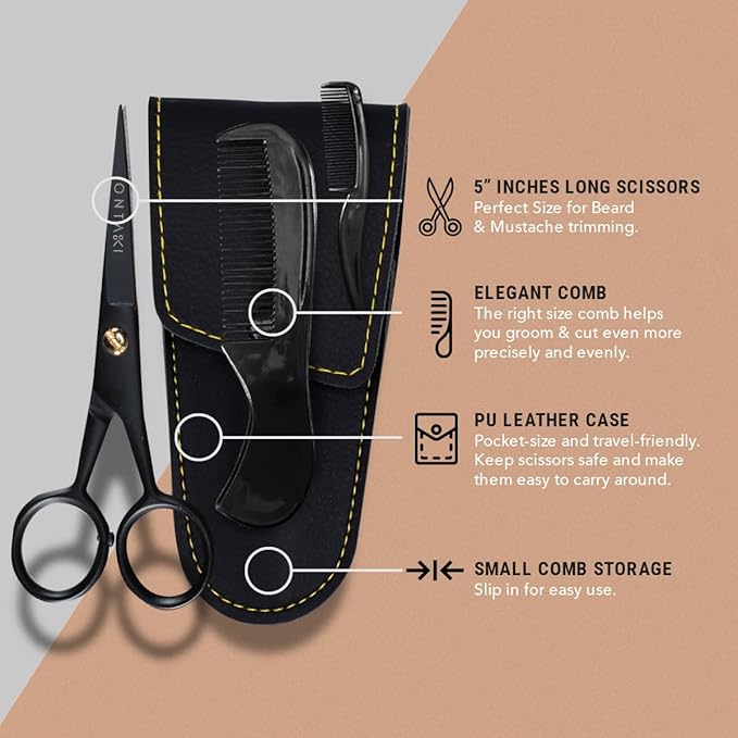 Ontaki Mustache Scissors for Men - 5-Inch, Black - German High-Carbon Steel Bevel-Edge for Precision - Beard Trimming Scissors - Includes Grooming Kit with Mustache & Beard Combs & Carrying Pouch