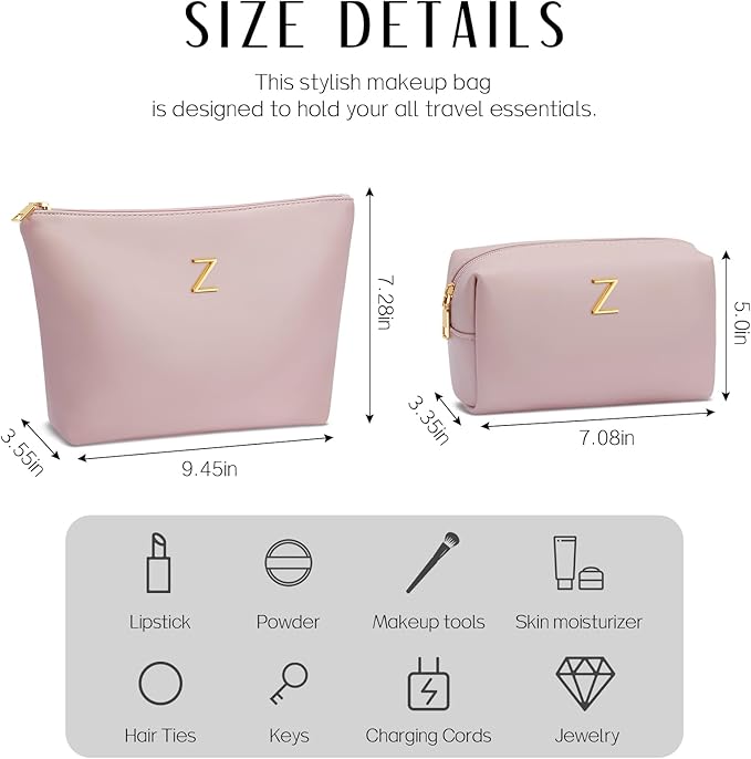 Women Gifts | Initial Makeup Bag Set for Girl Personalized Gifts for Bridesmaid Friend Graduation Teachers PU Leather Cosmetic Travel Toiletry Bag(Pink,Z)