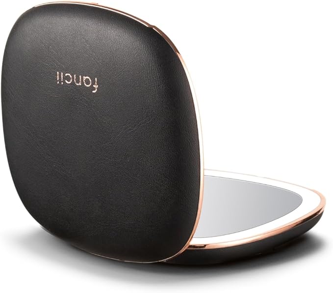 Fancii Mila 2 Compact Magnifying Makeup Mirror with LED Light, Rechargeable, 10x /1x Magnification, Tru-Glow Lighting System, Vegan Leather, Small Travel Mirror for Purses (Midnight Majesty)