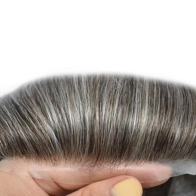 Mens Toupee Human Hair Piece French Lace Toupee for Man Hair System Indian Human Hair Replacement Systems V-Looped PU Front Hairpieces 7"X9" #365 Dark Brown with 65% Gray