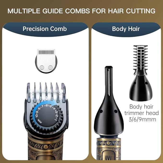 Beard Trimmer Kit Professional Hair Clipper Zero Gapped T-Blade Electric Shaver Razor Nose Body Trimmer for Men Cordless Grooming Kit 7 in 1