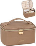 Prite Makeup Bag Portable Cosmetic Organizer with Brush Holder Waterproof Travel Toiletry Bag for Women with Handle and Divider (Brown)
