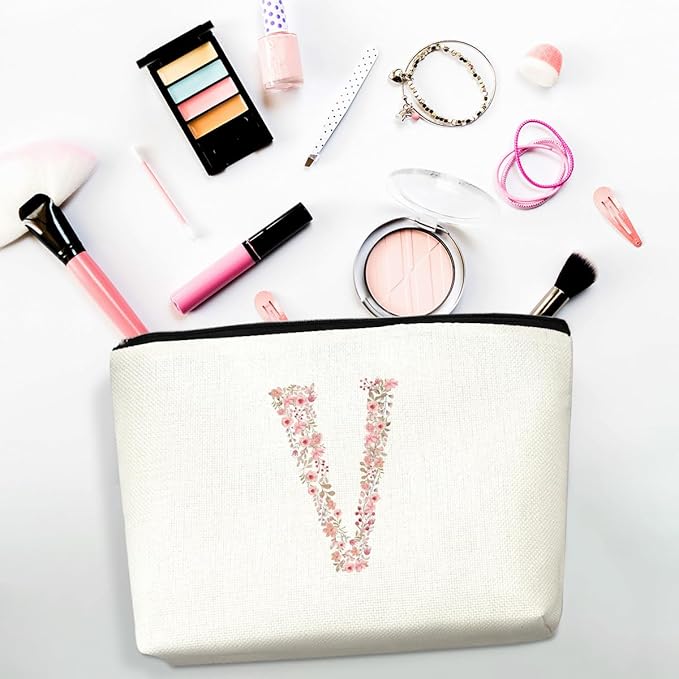 Initial Makeup Bag Floral V Personalized Cosmetic Bag Monogrammed Gifts for Women Girls Bride Bridesmaid Monogram Zipper Pouch for Teacher Appreciation Mothers Day Birthday Wedding Bridal Shower Gifts