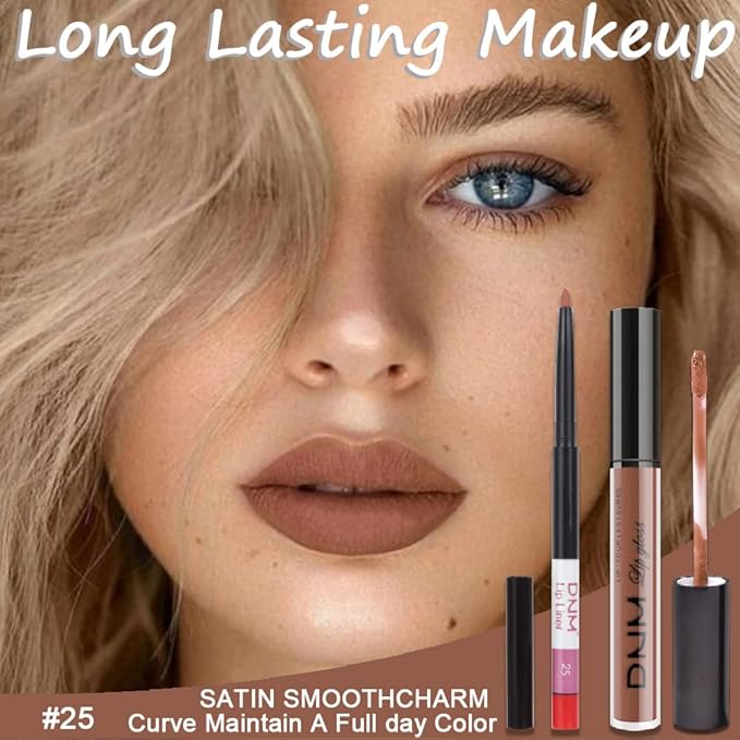 2pcs Rose-Beige Lip Liner and Lipstick Makeup Set, Nude Matt Liquid Brown Lipstick 24H Waterproof Long Lasting Matt Lip Kit (#25)