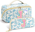 Personalized Travel Makeup Bag Set,Initial Travel Cute Floral Makeup Organizer Bag,Toiletry Skincare Cosmetic Bag,Christmas Gifts for Women/Girls,Open Flat Toiletry Pouch with Brush Pocket-J