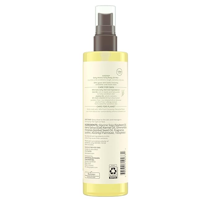 Aveeno Daily Moisturizing Body Oil Mist with Oat & Jojoba Oil for Dry Sensitive Skin, Nourishing Body Spray for Smoother Skin, Paraben-, Silicone- & Alcohol-Free, Twin Pack, 6.7 fl. oz, 2 Pack