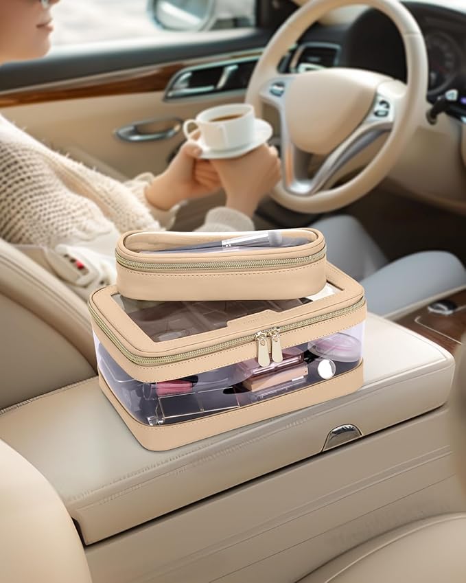 Travel Clear Makeup Bag with Makeup Brush Bag, Leather Makeup Case Toiletry Bag, Portable Cosmetic Bag Case, Transparent Waterproof Cosmetic Organizer Storage Bag for Women, Khaki