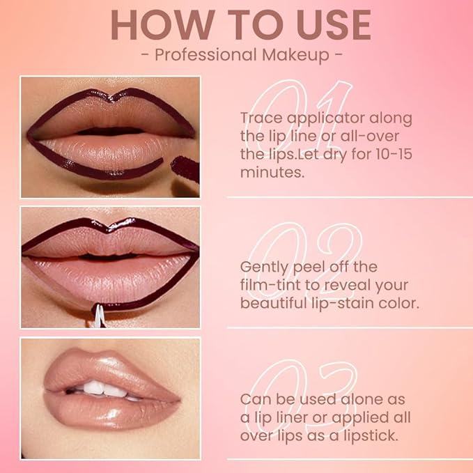 2 Pcs Matte Liquid Lip Stain Peel Off Lip Liner, Long Lasting Lip Tattoo, Waterproof & Transfer-Proof Lip Liner Peel Off Lip Gloss for All Skin Types. 0.12 fl oz #02+#06