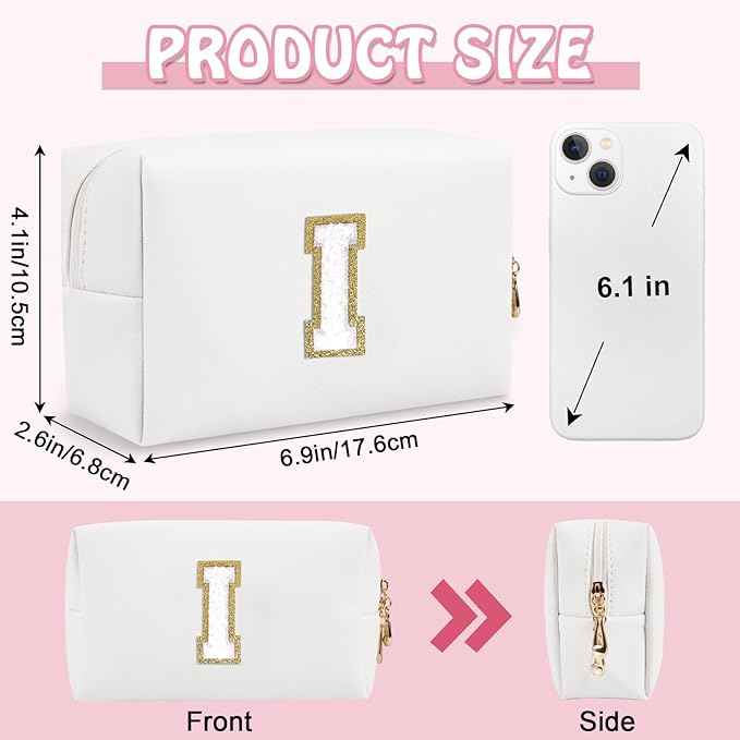 Personalized Small Travel Preppy Makeup Bag, Initial Cute Chenille Letter Cosmetic Organizer Toiletry Pouch, Waterproof Portable PU Monogram Makeup Case Gift for Women Girl Teacher Mom(Letter I)