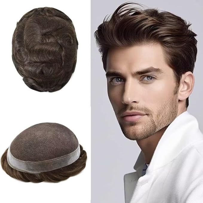 FACE MIRACLE Mens Toupee Lace Front Hairpieces Soft Human Hair Replacement System Natural Hairline Toupee for Men French Lace Poly V-Looped Mens hair Units 6"X8" #4ASH