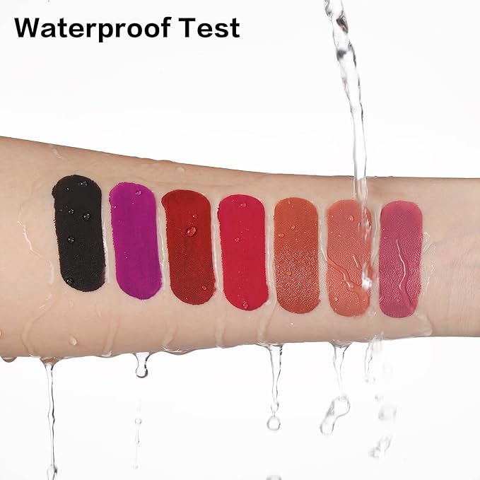 QiBest 7Pcs Matte Liquid Lipstick wiith 1Pc Lip Plumper Makeup Set, Dark Black Purple Lipstick Goth Halloween Lip Set Waterproof Lip Gloss Kit Pigmented Long Lasting Lipstick Makeup for Women & Girls