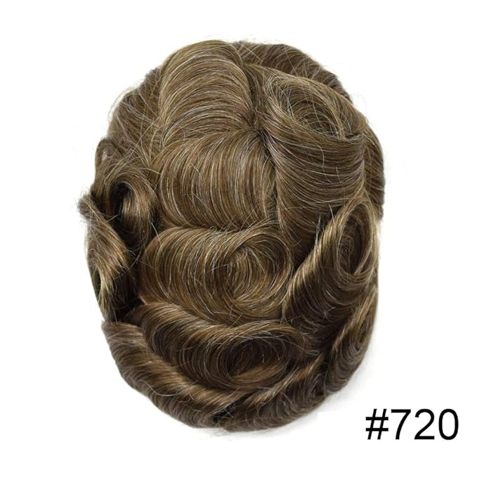 FACE MIRACLE Hair System for Men French Lace Mens Toupee Human Hair Replacement System Lace with PU Toupee for Men Male Hair Piece Wigs 8"X10" #720 7# VERY LIGHT BROWN WITH 20% SYNTHETIC GREY