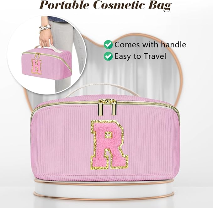 Personalized Initial Makeup Bag,Christmas Gifts for Girl,Preppy Bag Cosmetic Travel Bag Women,Travel Toiletry Organizer,Large Capacity Corduroy Stuff Bag,Cute Cosmetic Pouch Skincare Bag-W