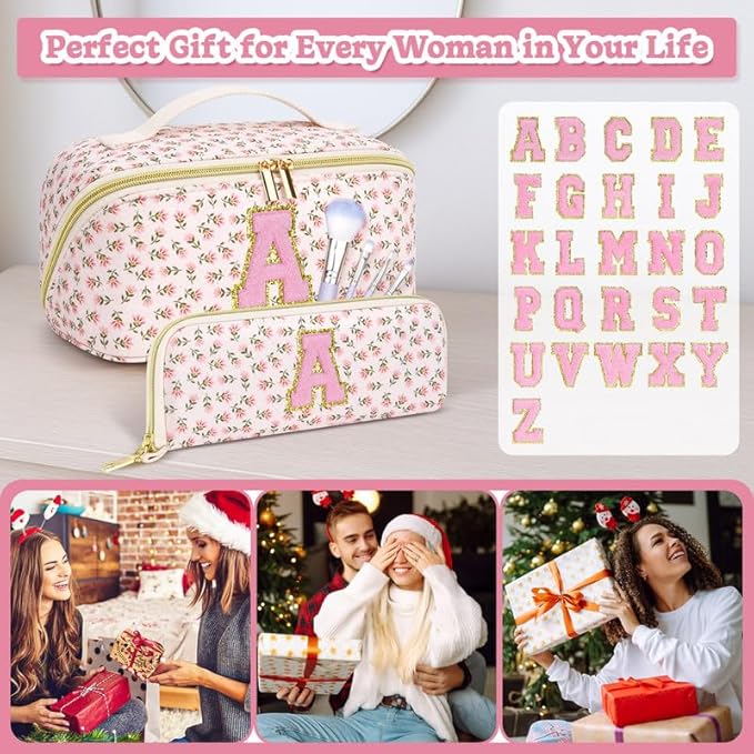 Personalized Travel Makeup Bag Set,Initial Travel Cute Floral Makeup Organizer Bag,Toiletry Skincare Cosmetic Bag,Christmas Gifts for Women/Girls,Open Flat Toiletry Pouch with Brush Pocket-N