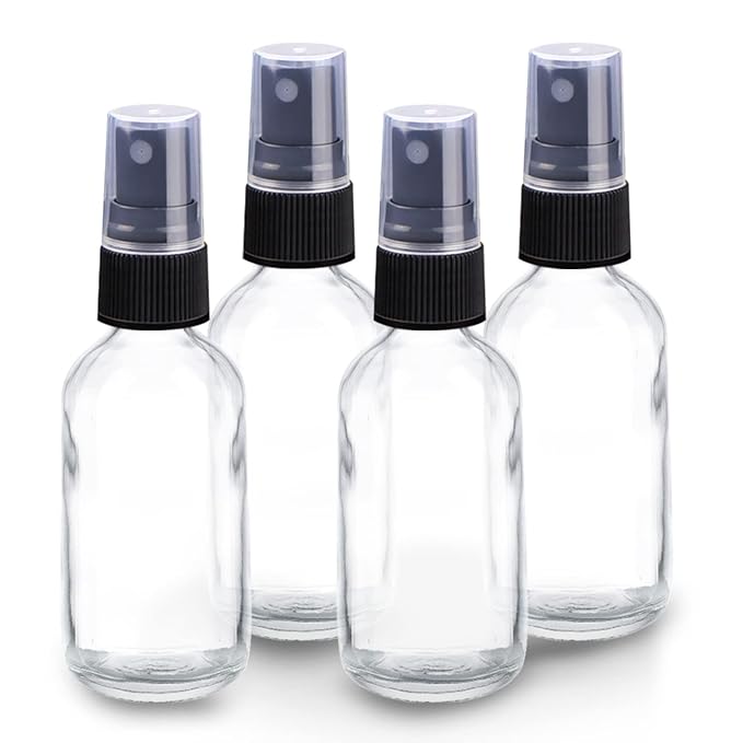 Wedama 4 oz Mini Glass Spray Bottles, Empty Small Spray Bottles with Funnel Dropper, Fine Mist for Hair, Travel, Plants, Cleaning Solutions and Skin Care (4 Pack Clear)