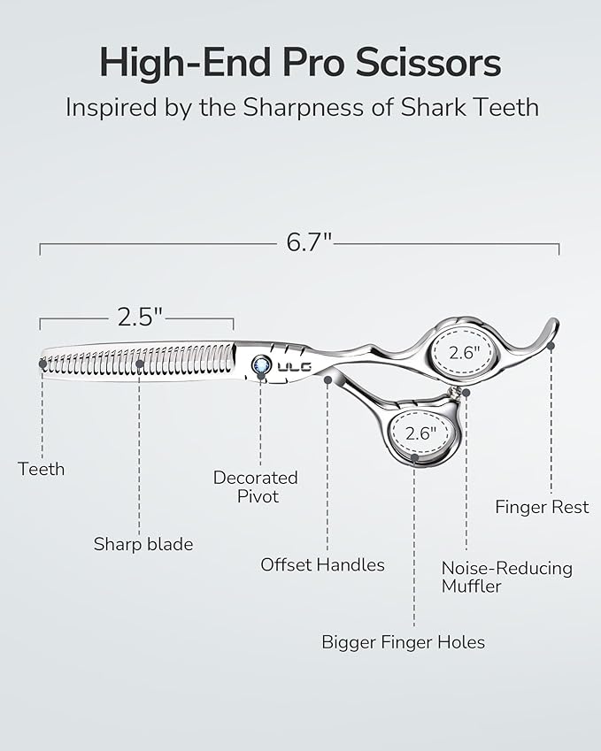 ULG Hair Thinning Scissors 6.7” Shark Series 100% Japanese Stainless Steel, Offset Handle, 30 Deer-Tooth Thinner 35% Hair Removal, Professional Barber Layering Shears for Salon & Home Hair Styling