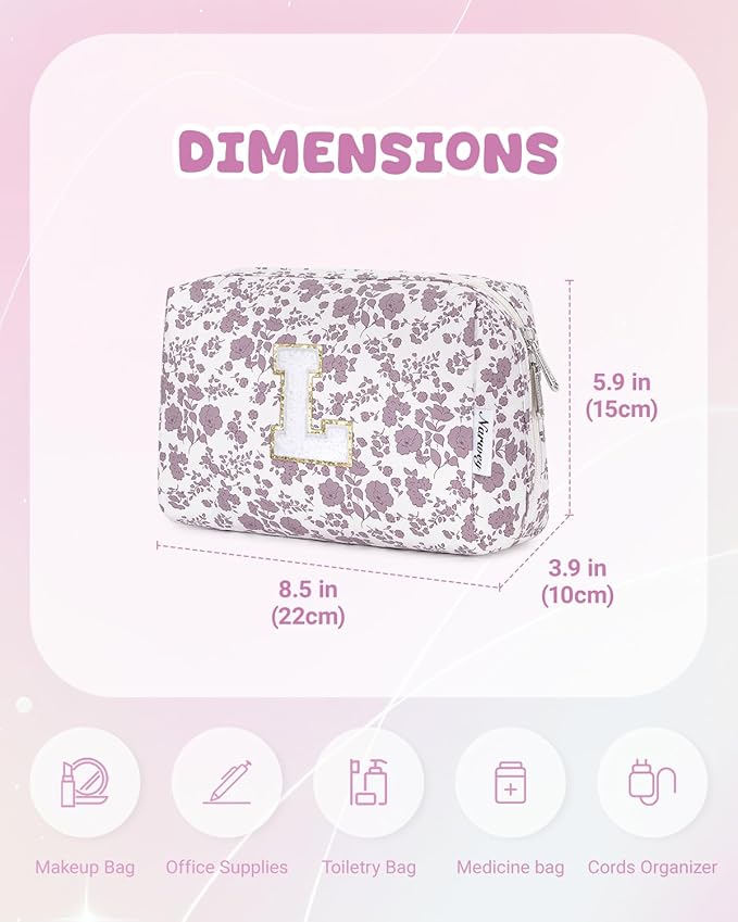 Narwey Birthday Gifts for Teen Girls Kids Women Personalized Initial Floral Makeup Bag Cute Cosmetic Trendy Stuff 6 8 10 11 12 13 14 16 18 Years Old Travel Toiletry Bag (Little Dusty Pink Flower L)