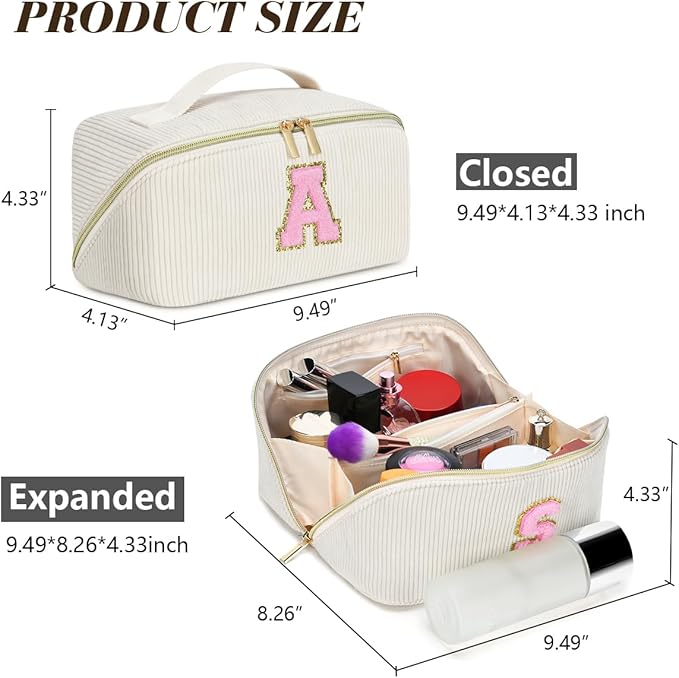 Personalized Initial Makeup Bag,Christmas Gifts for Girl,Preppy Bag Cosmetic Travel Bag Women,Travel Toiletry Organizer,Large Capacity Corduroy Stuff Bag,Cute Cosmetic Pouch Skincare Bag-P
