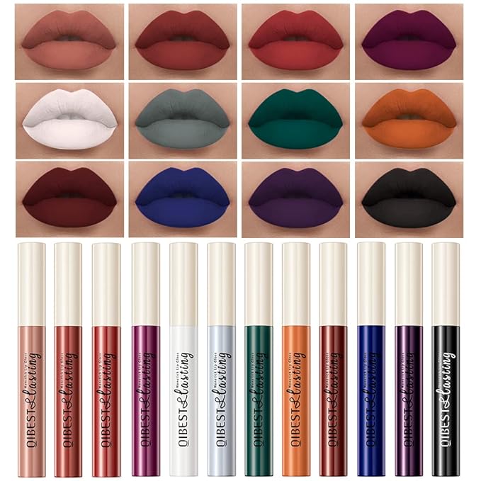 QiBest Goth Black & Bold Lipstick for Halloween Makeup, Matte Liquid Lipstick for Girls & Women, 24 Hours Long Lasting Waterproof Lip Gloss Gift Set, Non-Stick Cup Mate Duracion 24 Horas Lip Stains