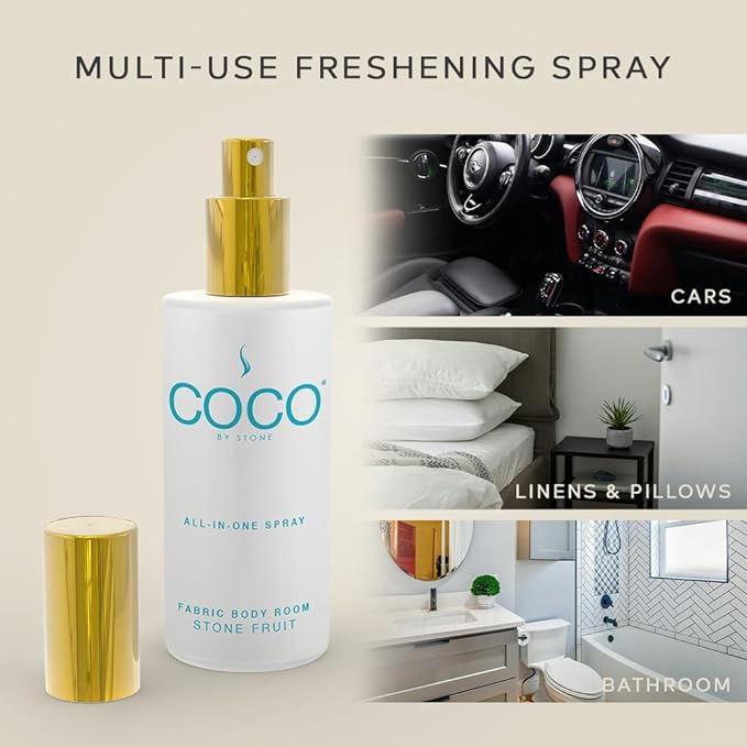 COCO by Stone 5oz All-in-One Spray (Stone Fruit) Shake & Spray Formula for Fabric, Pillows, Interiors, Clothing, Home Fragrance Accessories, Room Perfume, Room Deodorizer, Vegan & Cruelty-Free