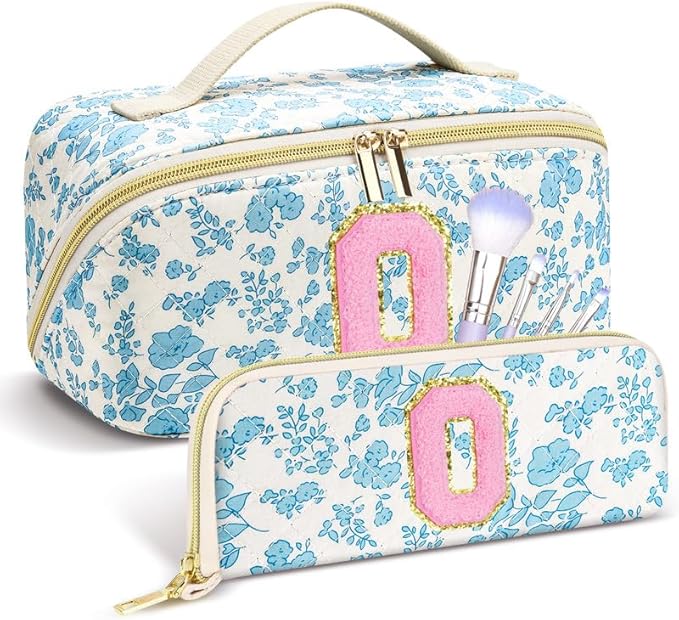 Personalized Travel Makeup Bag Set,Initial Travel Cute Floral Makeup Organizer Bag,Toiletry Skincare Cosmetic Bag,Christmas Gifts for Women/Girls,Open Flat Toiletry Pouch with Brush Pocket-O
