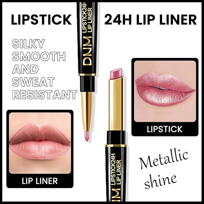 Kaely 2-in-1 Light Pink Pale-Pink Metallic Shine Shimmer Lip Liner & Lipstick Combo Set Kit for Women, Lightweight Hydrating Formula High Impact Full Coverage Lipstick and Lip Liner Makeup Gloss 16