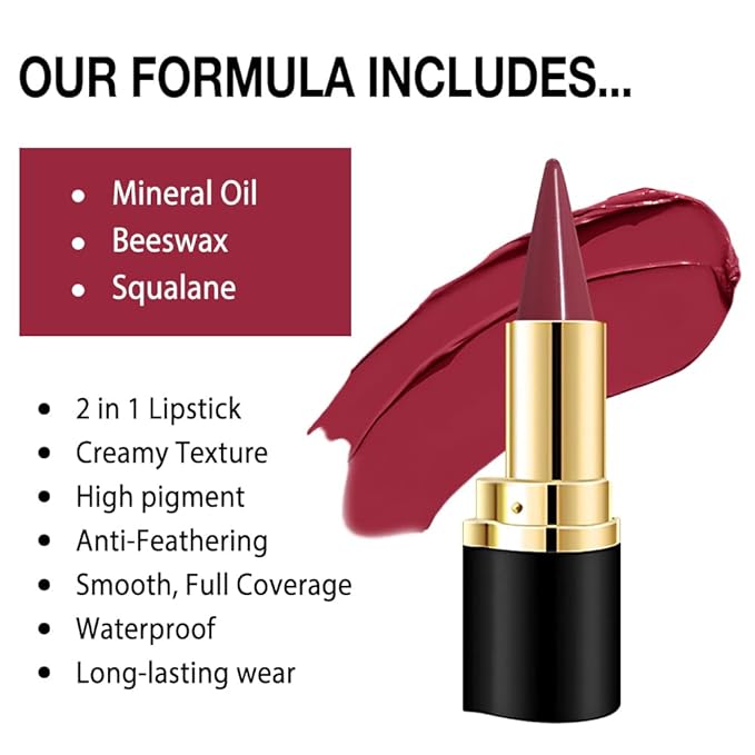 Kaely Plum Red Gradient Matte Lipstick Lip Liner Pencil for Women, 2in1 Flawless Contour Gradual Ombre Effect Lip Pencil Makeup Waterproof, labiales mate 24 horas originales, 02