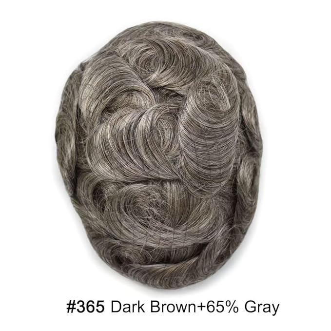 FACE MIRACLE Hair System for Men French Lace Mens Toupee Human Hair Replacement System Lace with PU Toupee for Men Male Hair Piece Wigs 6"X9" #365 Dark Brown with 65% Gray