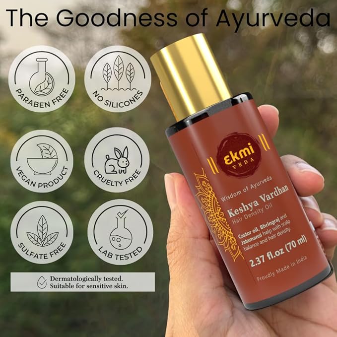 Ayurvedic Castor & Rosemary Oil For Hair Density With Bhringraj, Coconut, Amla, Argan, Brahmi. DHT Blocker. Hair Loss Treatment For Women & Men, 2.37 Fl Oz