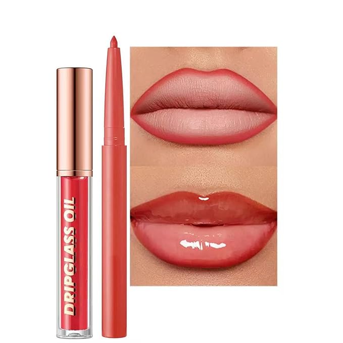 Red Lip Liner Waterproof Lip Liner and Gloss Set High Pigment Long Lasting Plum Smudge proof Lip Gloss and Lip Liner Set (10# Red)