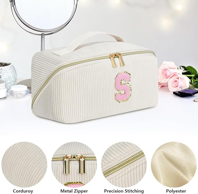 Personalized Initial Makeup Bag,Christmas Gifts for Girl,Preppy Bag Cosmetic Travel Bag Women,Travel Toiletry Organizer,Large Capacity Corduroy Stuff Bag,Cute Cosmetic Pouch Skincare Bag-Y