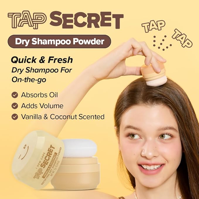 I DEW CARE Tap Secret Dry Shampoo Powder with Biotin & Korean Ginseng - Natural Non-Aerosol Dry Shampoo for Women | Warm Vanilla & Coconut Scent, Volumizing Hair, Travel Size, Stocking Stuffers 0.24Oz