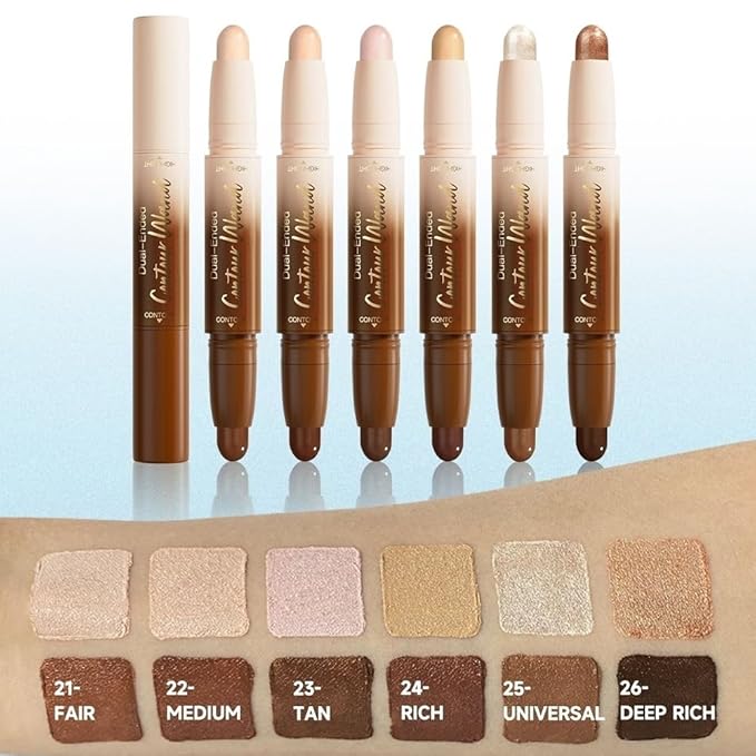 evpct Nuetral Nude & Beige Cream Contour Stick Face Body Makeup Dual Ended, no Transfer Waterproof 2 in 1 Cream Concealer Stick Contouring Makeup, Nose Contour Bronzer Sticks Face Highlighter Make up