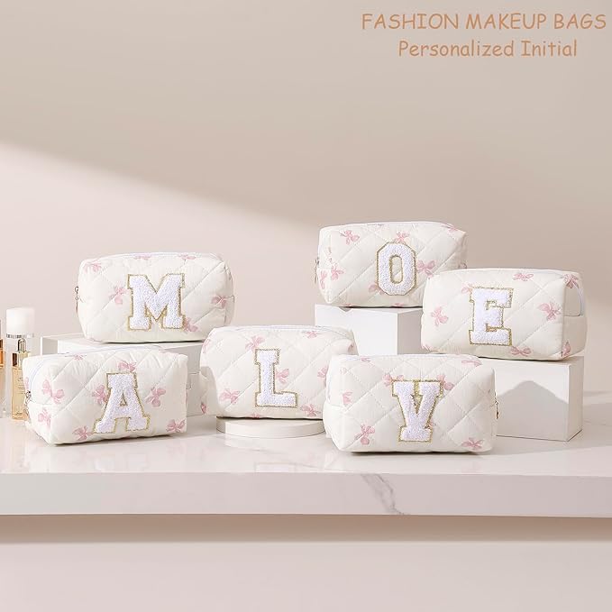Gleyemor Personalized Initial Makeup Bag for Women, Cute Quilted Pink Floral Cotton Cosmetic Bag, Christmas Gifts for Her Mom Friend Sister Bridesmaid Teacher Women M