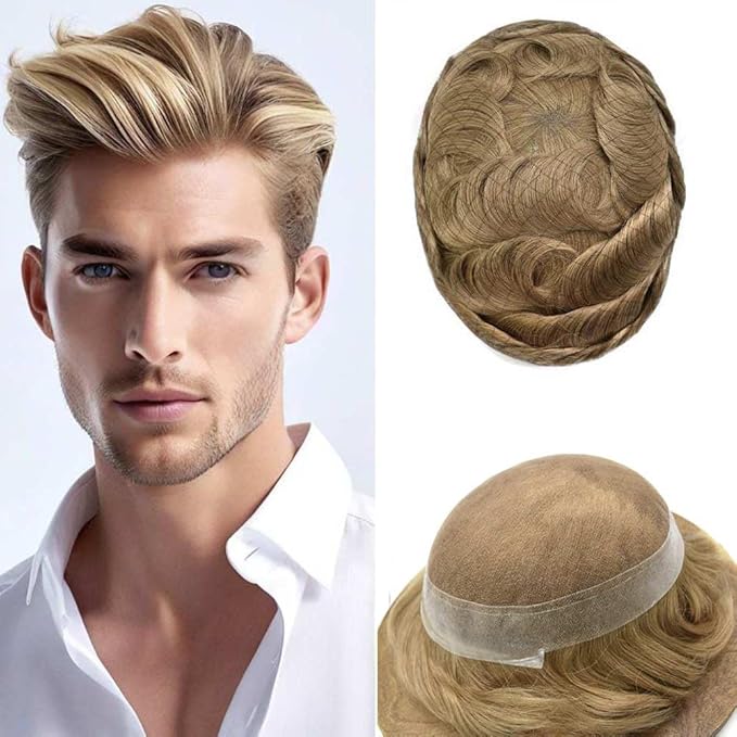 Toupee for Men French Lace Center Human Hair Replacement Systems Transparent Lace Center Hair Piece Mens Toupee Hair Units for Man V-Looped Front Male Hair Prosthesis 6"X8" #20 light ash blonde