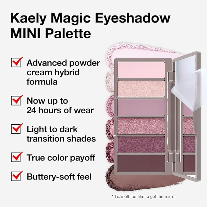 evpct 6 Colors Pink Eyeshadow Palette, Nude Pink Plum Mauve Champagne Rose Orchid Wine Red Glitter Shimmer Matte High Pigment Mini Travel Eye Shadow Palette Makeup for Older Women, Built in Mirror