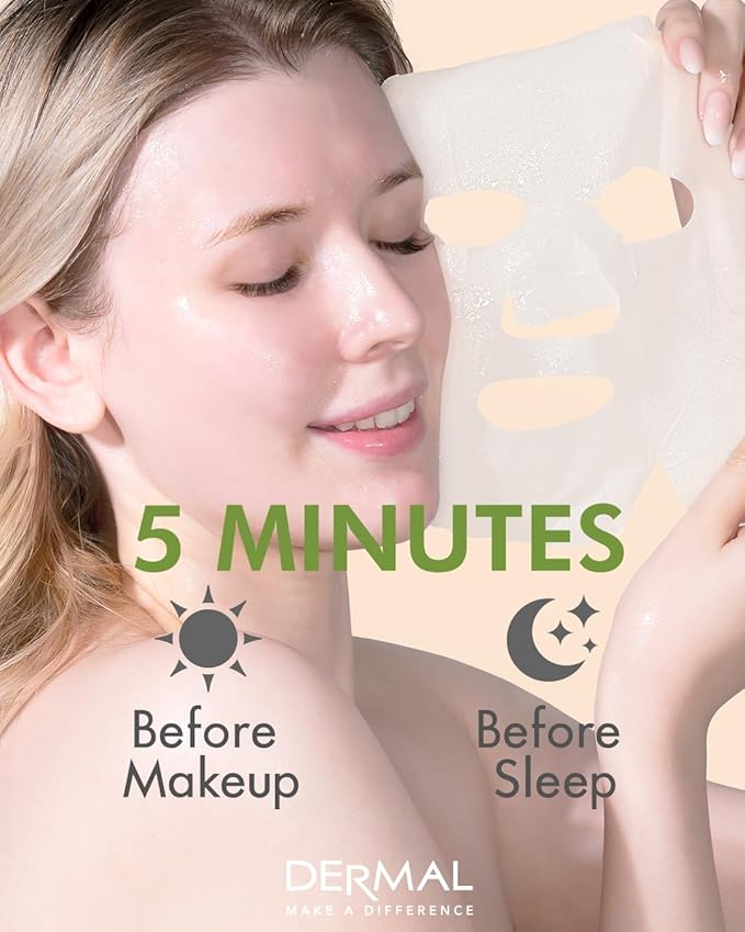 DERMAL Olive Collagen Essence Korean Facial Mask Sheet Pack of 10 - Nourishing, Deep Hydration, Reduces Fine Wrinkles - Hypoallergenic Skin Friendly Sheet