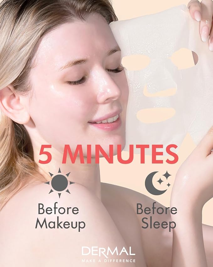 DERMAL Strawberry Collagen Essence Facial Mask Sheet 23g Pack of 10 - Pore Tightening & Sebum Control for Oily Skin, Hydrating Daily Skin Treatment Solution Sheet Mask