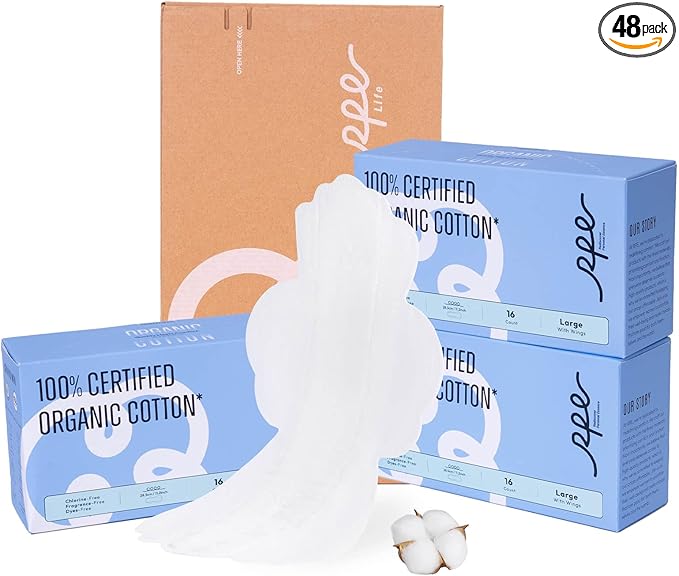 100% Large Organic Pads for Women, Ultra Thin Heavy Flow Sanitary Napkins with Wings, Unscented Cotton Pads, Super Absorbency Feminine Extra Coverage Menstrual Period Pad (Large, Size 4, 48ct)