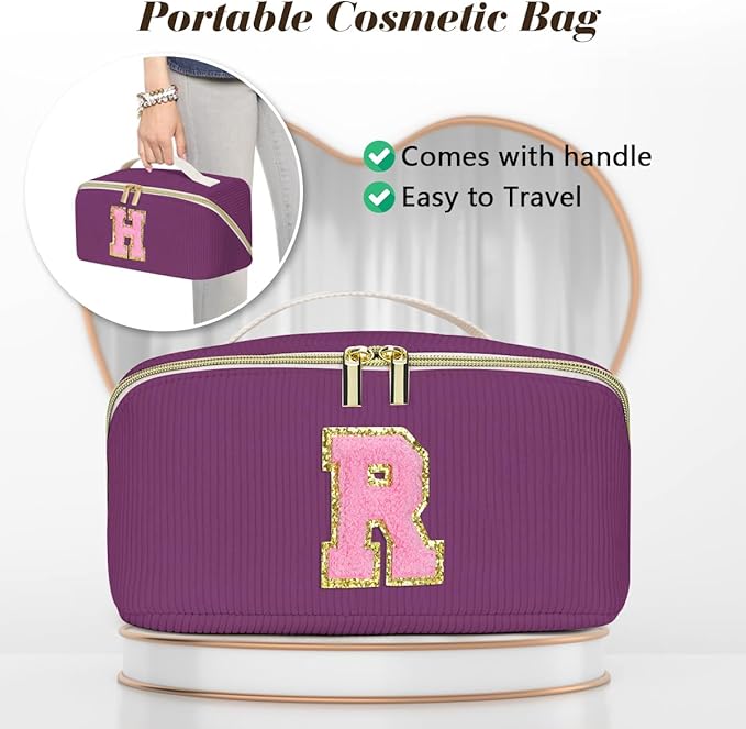 Personalized Initial Makeup Bag,Christmas Gifts for Girl,Preppy Bag Cosmetic Travel Bag Women,Travel Toiletry Organizer,Large Capacity Corduroy Stuff Bag,Cute Cosmetic Pouch Skincare Bag-U