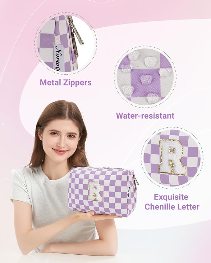Narwey Birthday Gifts for Women Teen Girls Kids Personalized Initial Makeup Bag Monogram Preppy Cosmetic Bag Trendy Stuff 6 8 10 11 12 13 14 16 18 Years Old Travel Toiletry Bag (Purple Letter R)