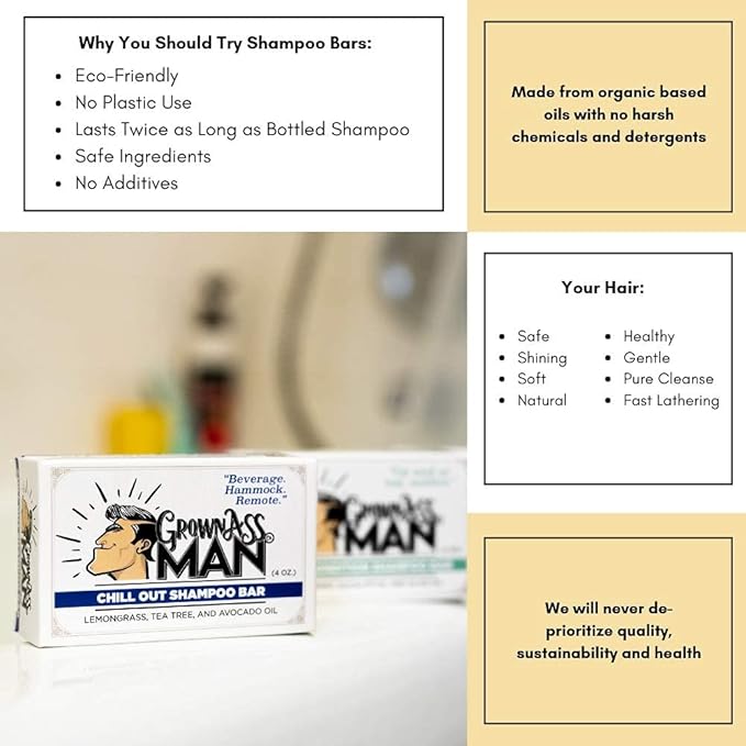 Grown Ass Man Co. - Solid Shampoo Bar Rich Lather 3 in 1: Hair, Beard & Body Wash - Plastic Free & Eco-Friendly, Natural & Organic Clean for All Hair Types, 4oz Bar (Mint Condition, 3-Pack)