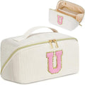 Personalized Initial Makeup Bag,Christmas Gifts for Girl,Preppy Bag Cosmetic Travel Bag Women,Travel Toiletry Organizer,Large Capacity Corduroy Stuff Bag,Cute Cosmetic Pouch Skincare Bag-U