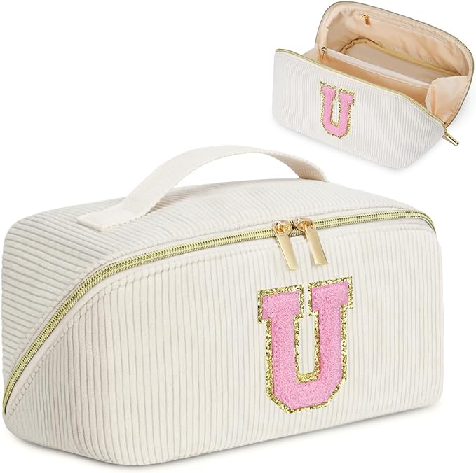 Personalized Initial Makeup Bag,Christmas Gifts for Girl,Preppy Bag Cosmetic Travel Bag Women,Travel Toiletry Organizer,Large Capacity Corduroy Stuff Bag,Cute Cosmetic Pouch Skincare Bag-U