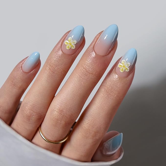 BTArtbox Press On Nails Short Ombre- Flower Almond Press On Nails with Glue for Women, Opaque Soft Gel Glue On Nails in 16 Sizes - 32 Stick On Nails Kit, Garden Party
