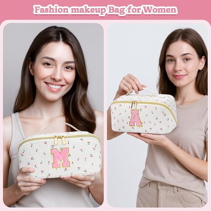 Personalized Travel Makeup Bag Set,Initial Travel Cute Cherry Makeup Organizer Bag,Toiletry Skincare Cosmetic Bag,Christmas Gifts for Women/Girls,Open Flat Toiletry Pouch with Brush Pocket-I