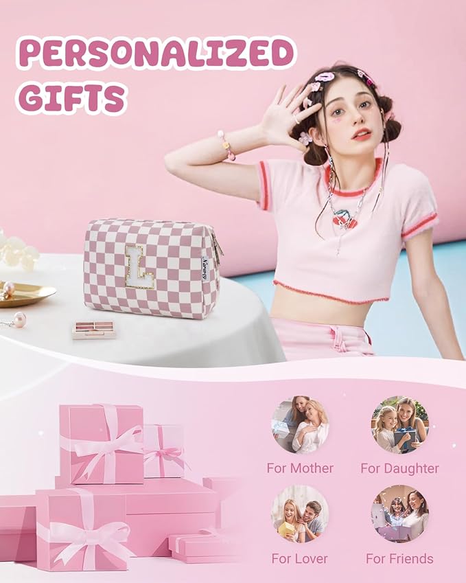Narwey Birthday Gifts for Teen Girls Kids Women Personalized Initial Checkered Makeup Bag Pink Monogram Cosmetic Bag Trendy Stuff 6 8 10 11 12 13 14 16 18 Years Old Travel Toiletry Bag (Dusty Rose L)