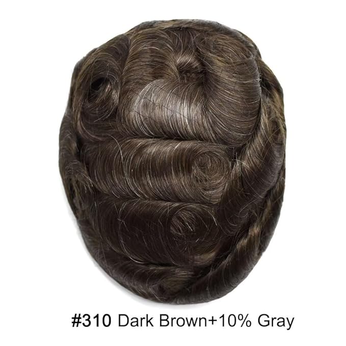 FACE MIRACLE Toupee for Men French Lace Hairpiece Human Hair Replacement System Skin PU Mens Toupee Hair Wigs for Man V-Looped Front Hair Prosthesis 6"X8" #310 Dark Brown with 10% Gray