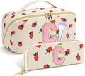 Personalized Travel Makeup Bag Set,Initial Travel Strawberry Makeup Organizer Bag,Toiletry Skincare Cosmetic Bag,Christmas Gifts for Women/Girls,Open Flat Toiletry Pouch with Brush Pocket-C